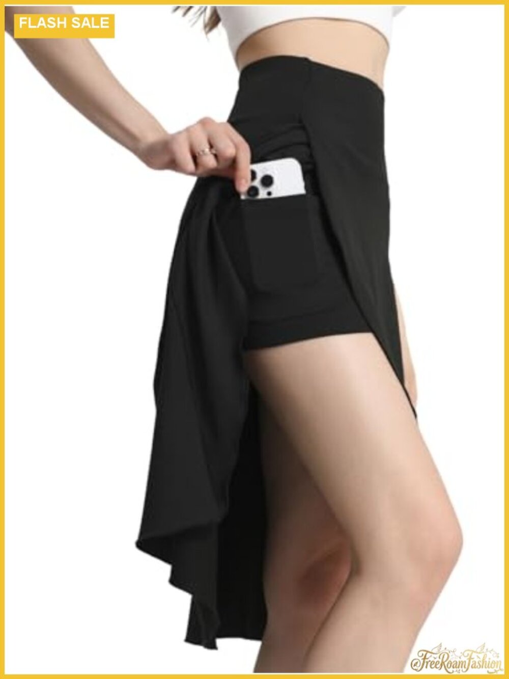 High Waist Athletic Skort Midi Length Built-in Shorts Pockets Slit Ruffle Hem